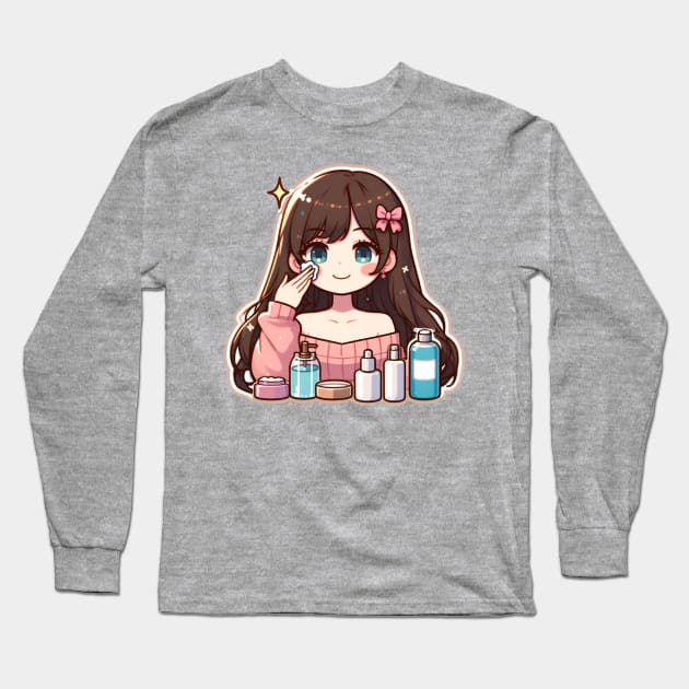 Girl applying skincare cute Long Sleeve T-Shirt by beangeerie